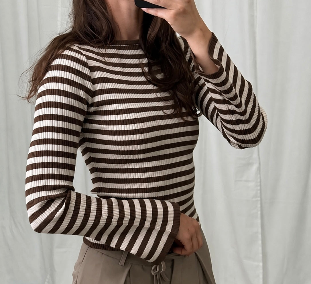 Elegant Rib Knit Longsleeve | braun / Creme
