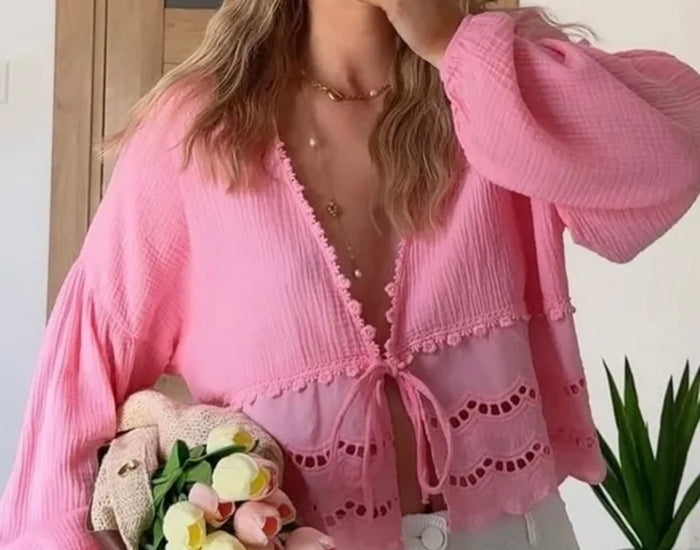 Spitzenbluse mit Rüschen | Rosa