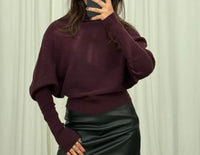 Fledermaus Strickpullover mit Taillenbund | Bordeaux