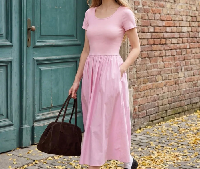 Midi Kleid aus Baumwolle mit Stretch – Kurzarm Kleid mit Taschen| Rosa