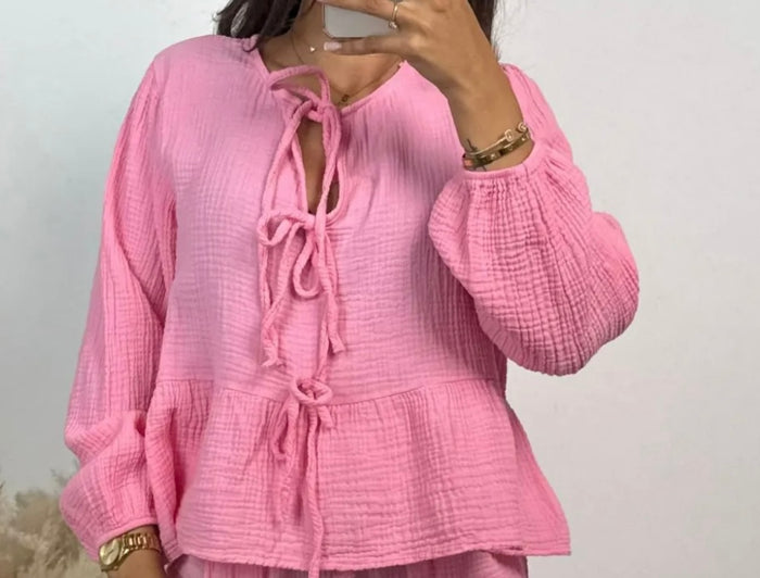Musselinbluse mit Schleife | Rosa