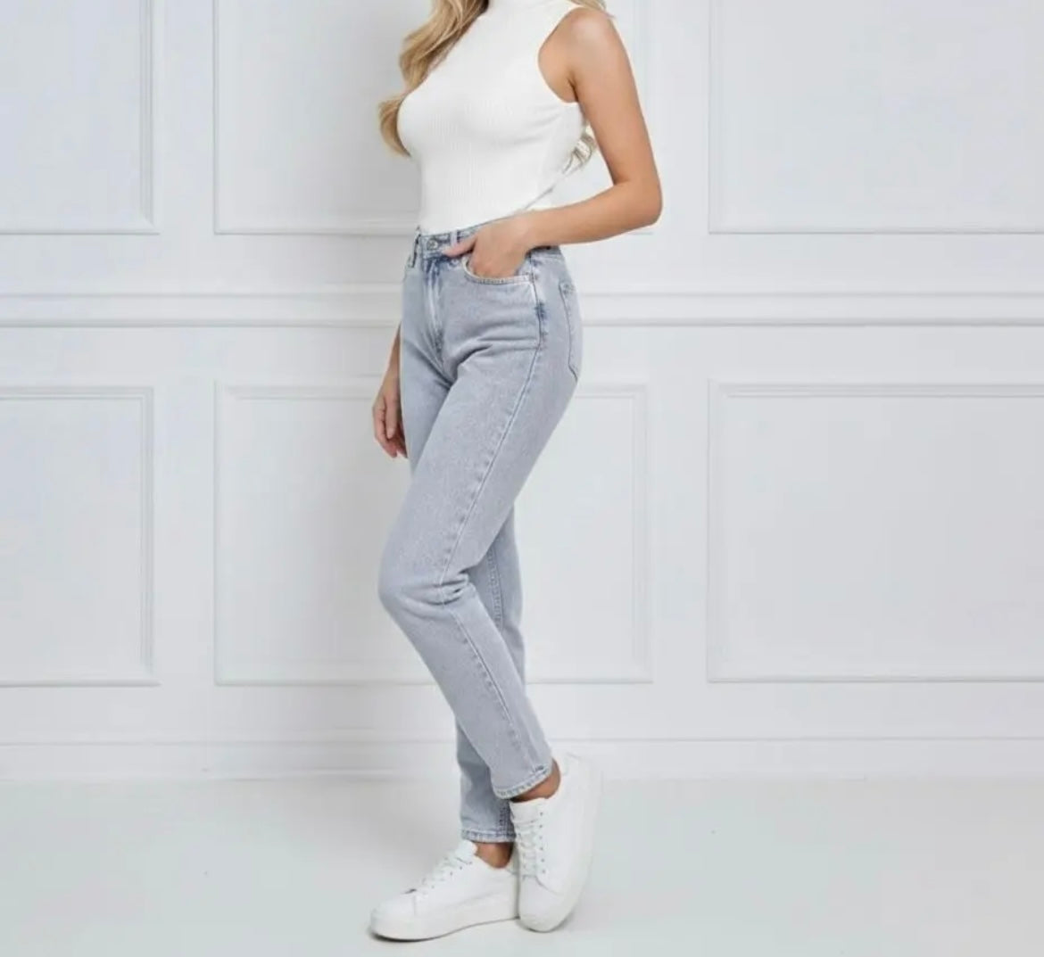 Mom Jeans Damen High Waist – Hellblaue/ Hellgraue Straight Fit Jeans
