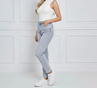 Mom Jeans Damen High Waist – Hellblaue/ Hellgraue Straight Fit Jeans
