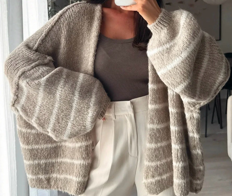 Oversized Woll-Cardigan mit Streifen | Beige
