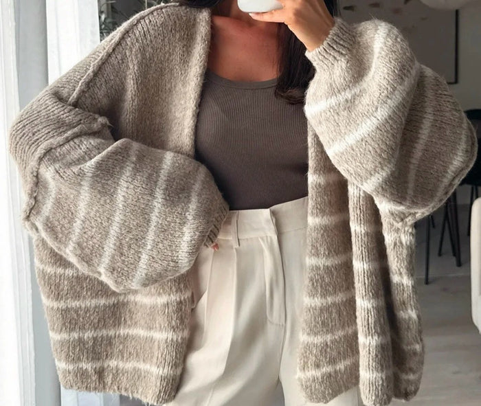 Oversized Woll-Cardigan mit Streifen | Beige