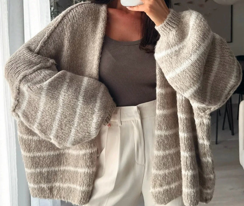 Oversized Woll-Cardigan mit Streifen | Beige