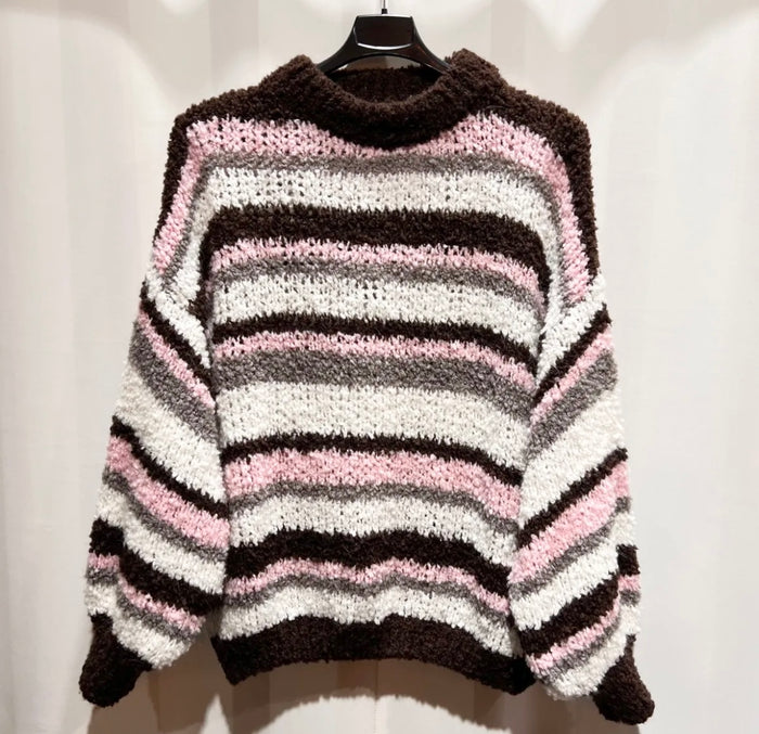 Grobstrick-Pullover mit Streifenmuster und Wollanteil – Braun/Rosa