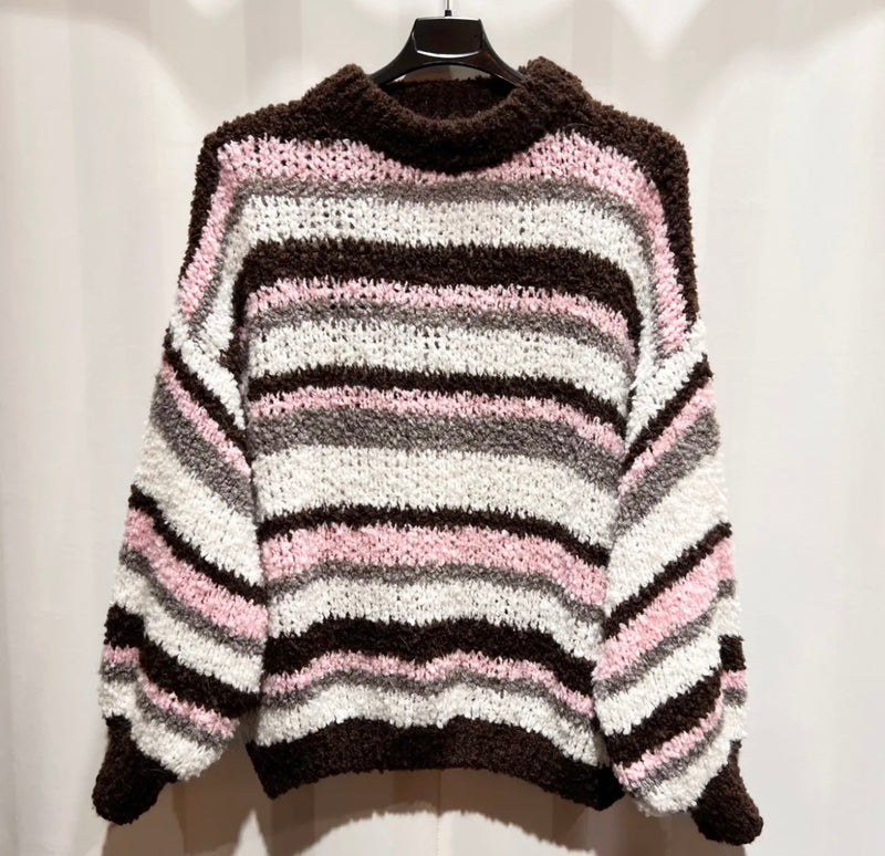 Grobstrick-Pullover mit Streifenmuster und Wollanteil – Braun/Rosa
