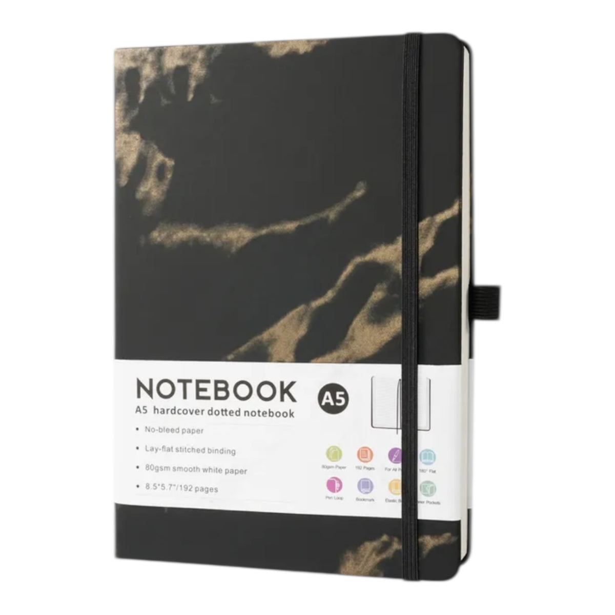 A5 Hardcover Notizbuch Marmor – Dotted Journal mit Gummiband & Stiftschlaufe – Schwarz