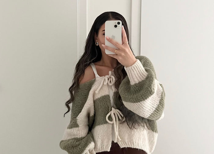 Gestreifter Strick-Cardigan – Khaki