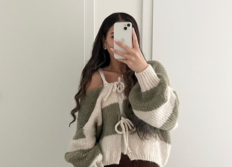 Gestreifter Strick-Cardigan – Khaki