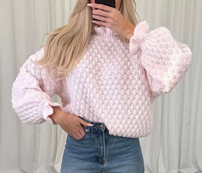 Strukturstrick Pullover mit Puffärmeln – Rosa