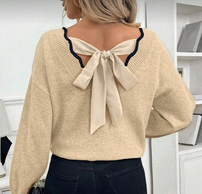 Feinstrickpullover mit Rückenschleife | Beige/ Schwarz