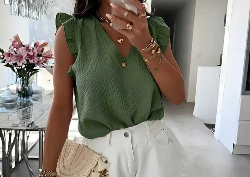 Musselin Bluse mit Volantärmeln – Lockere Sommer Bluse mit V-Ausschnitt | Khaki