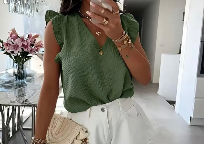 Musselin Bluse mit Volantärmeln – Lockere Sommer Bluse mit V-Ausschnitt | Khaki