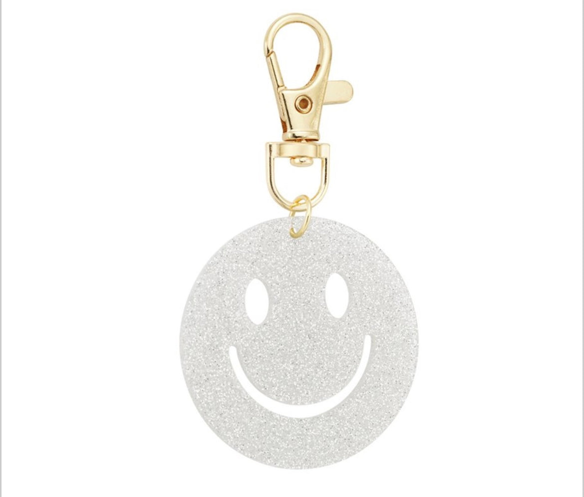 Glitzernder Smiley-Anhänger in Silber mit Karabiner
