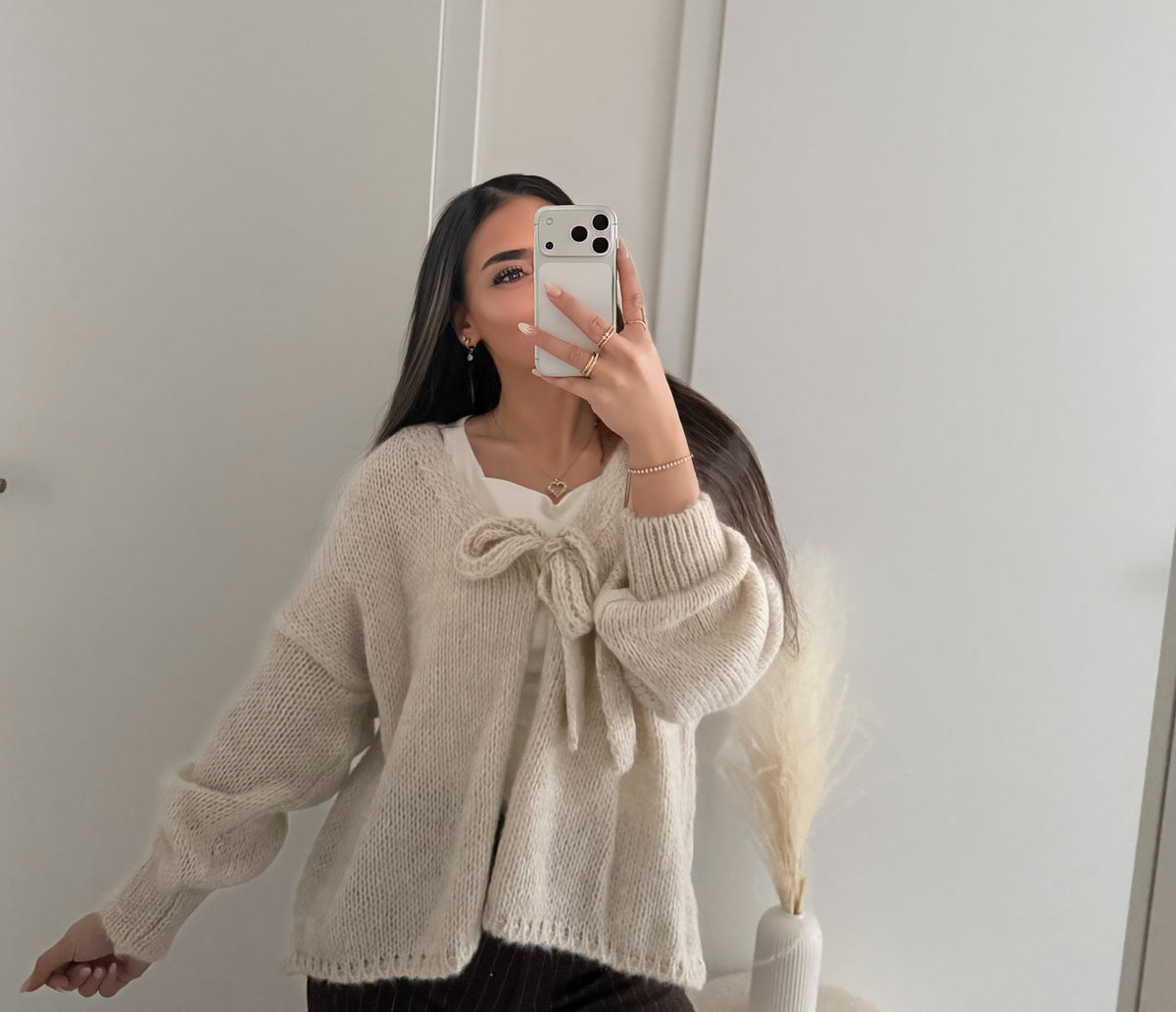 Strickcardigan mit Schleife - Creme