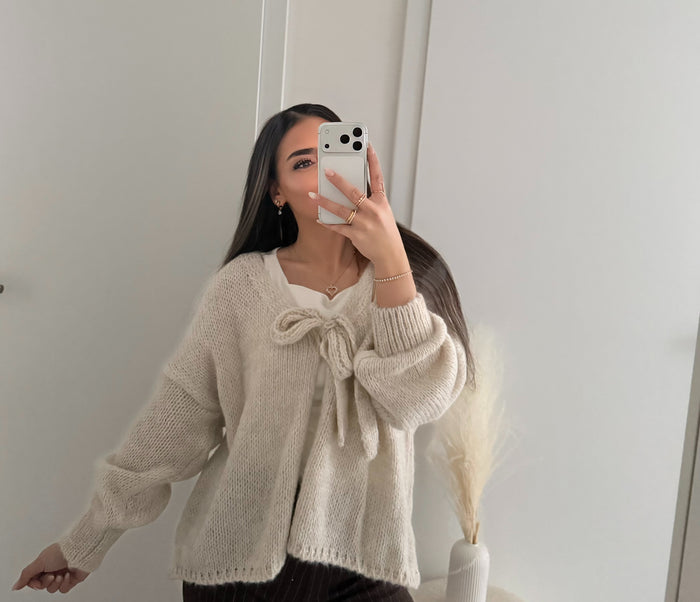 Strickcardigan mit Schleife - Creme