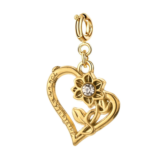 Charm mit Herzanhänger und Blume  – Gold