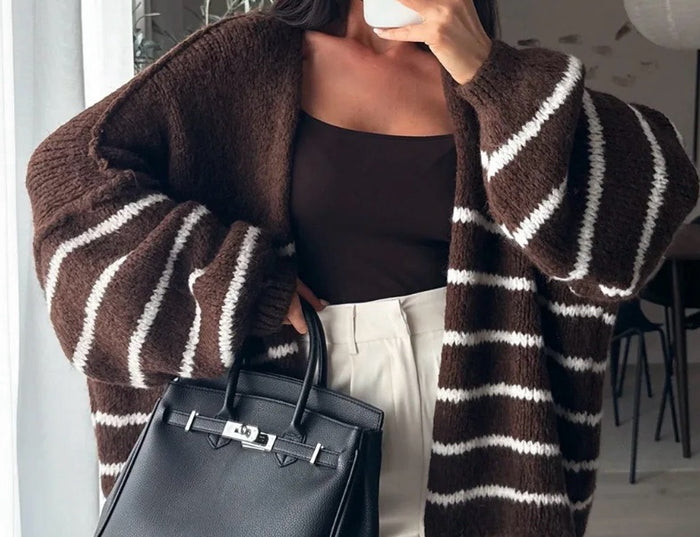 Oversized Woll-Cardigan mit Streifen | Braun