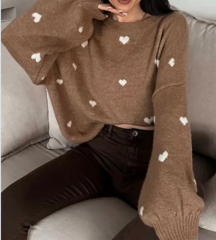 Strickpullover mit Herzmuster, Rundhals-Pullover - Braun