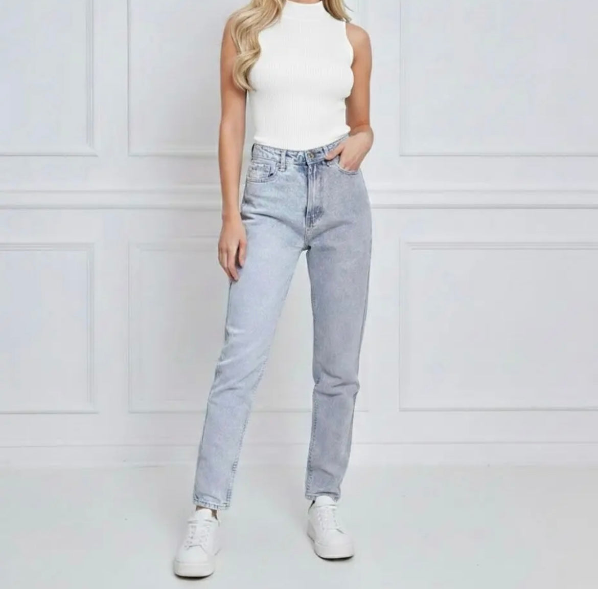 Mom Jeans Damen High Waist – Hellblaue/ Hellgraue Straight Fit Jeans