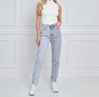 Mom Jeans Damen High Waist – Hellblaue/ Hellgraue Straight Fit Jeans