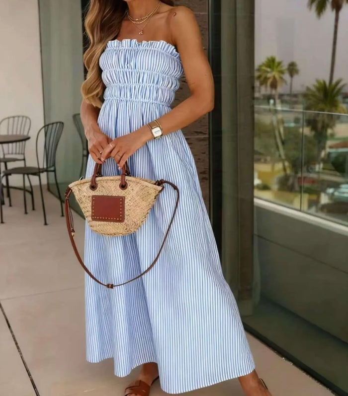 Bandeau Kleid – Trägerloses Sommerkleid aus Baumwolle | Blau