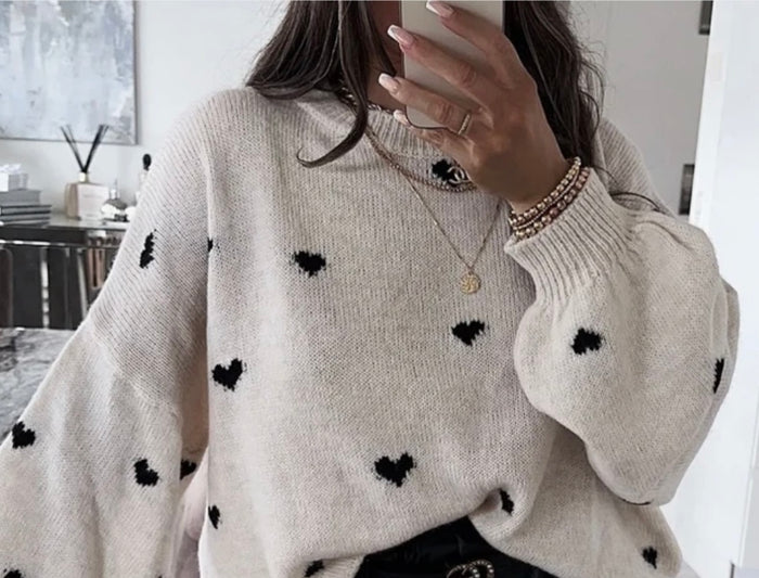 Strickpullover mit Herzmuster, Rundhals-Pullover - Creme