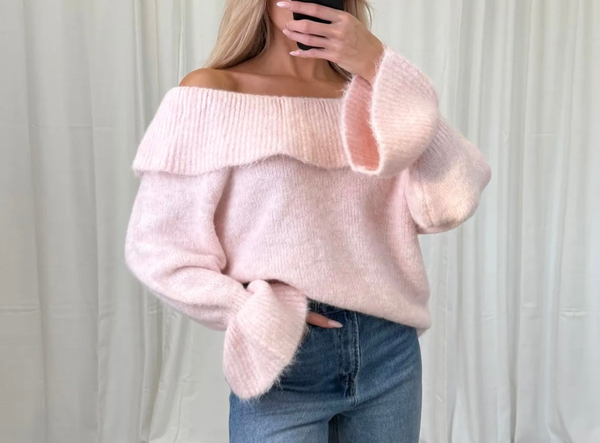 Oversize Off-Shoulder Strickpullover mit weitem Kragen | Rosa