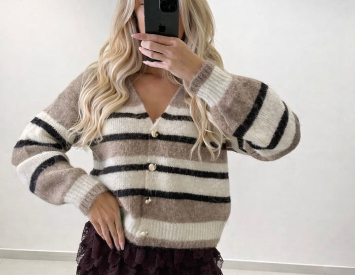 Gestreifter Strickcardigan mit V-Ausschnitt & Knöpfen | Taupe